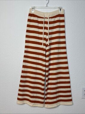 Striped Fuzzy Terry Cotton Blend Wide Leg Pant Pull-On Drawstring